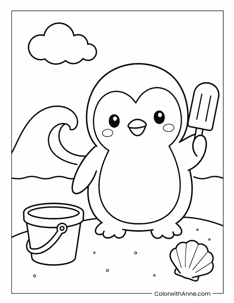 Kawaii Penguin at the Beach Coloring Page