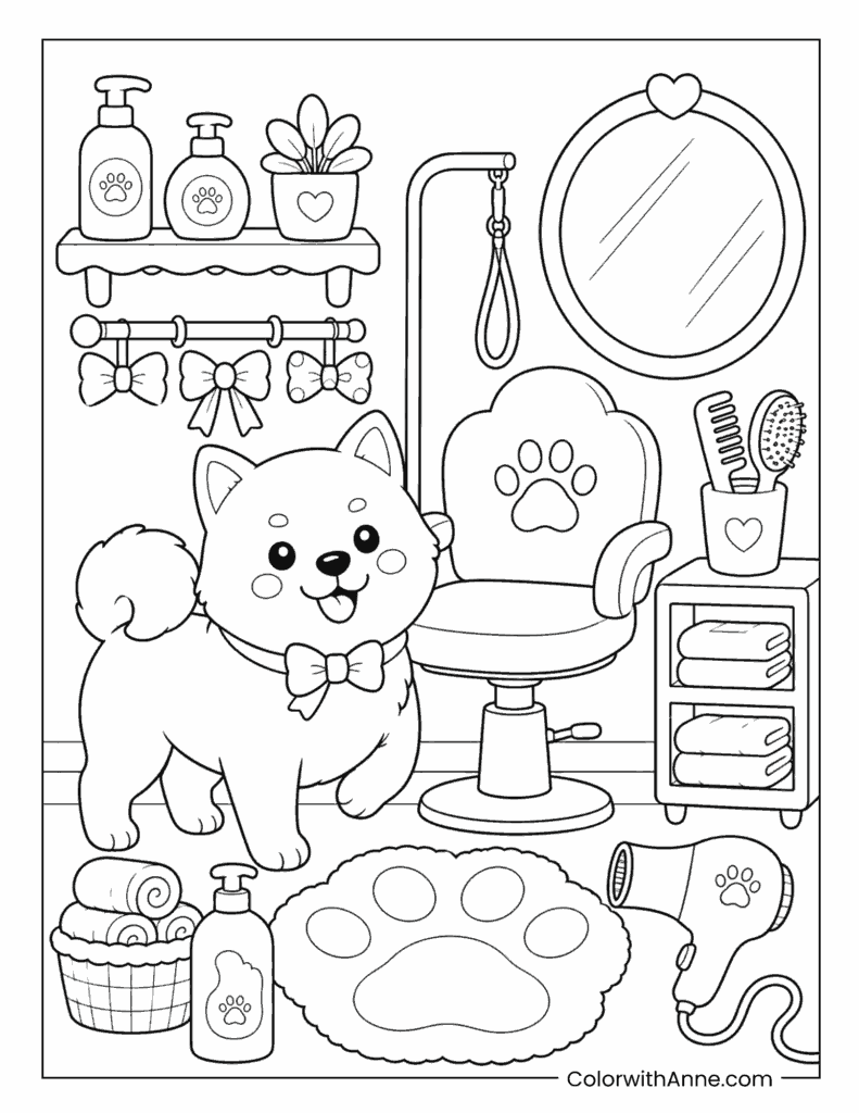 Kawaii Puppy at the Pet Grooming Salon Coloring Page