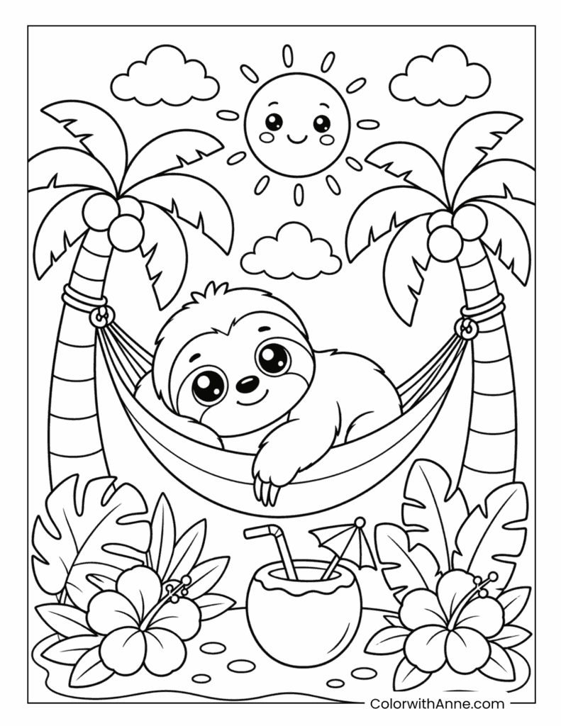 Kawaii Sloth Relaxing in a Hammock on a Tropical Beach Coloring Page