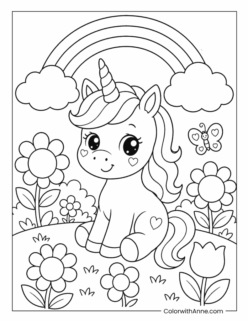 Kawaii Unicorn Sitting in a Flower Garden Under a Rainbow Coloring Page