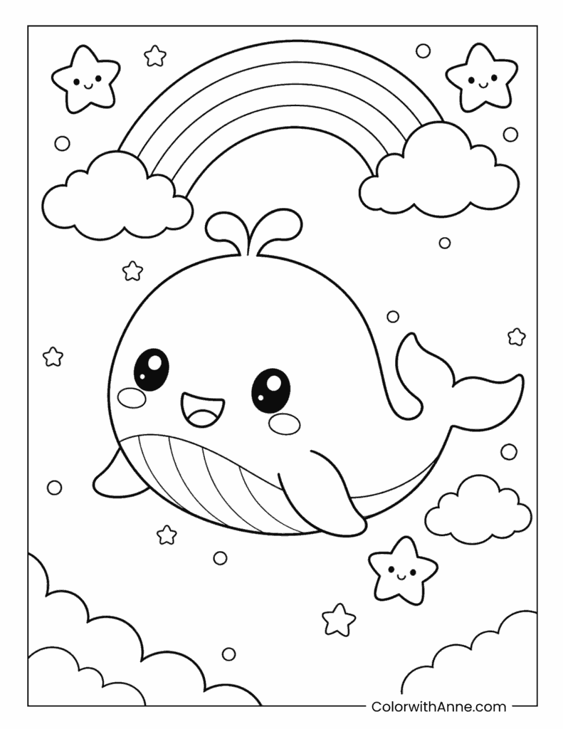 Kawaii Whale Under a Rainbow Coloring Page