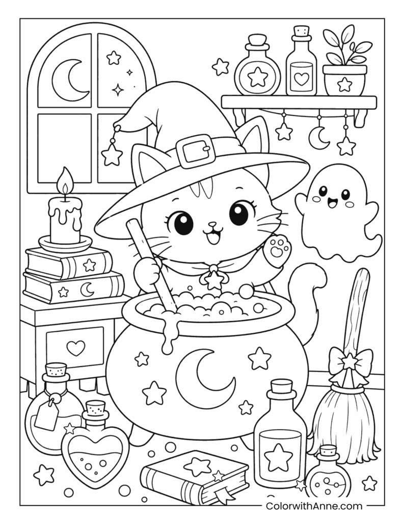 Kawaii Witch Cat with Magic Cauldron Coloring Page
