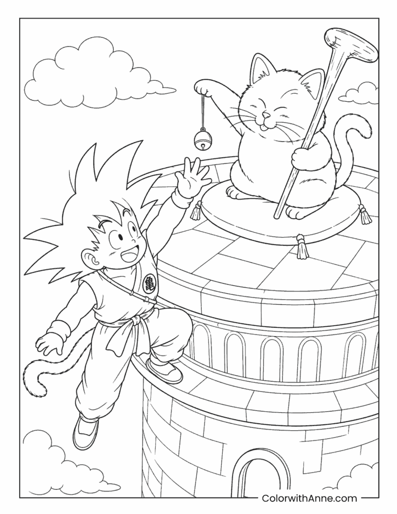 Kid Goku Meeting Korin on Korin Tower Coloring Page