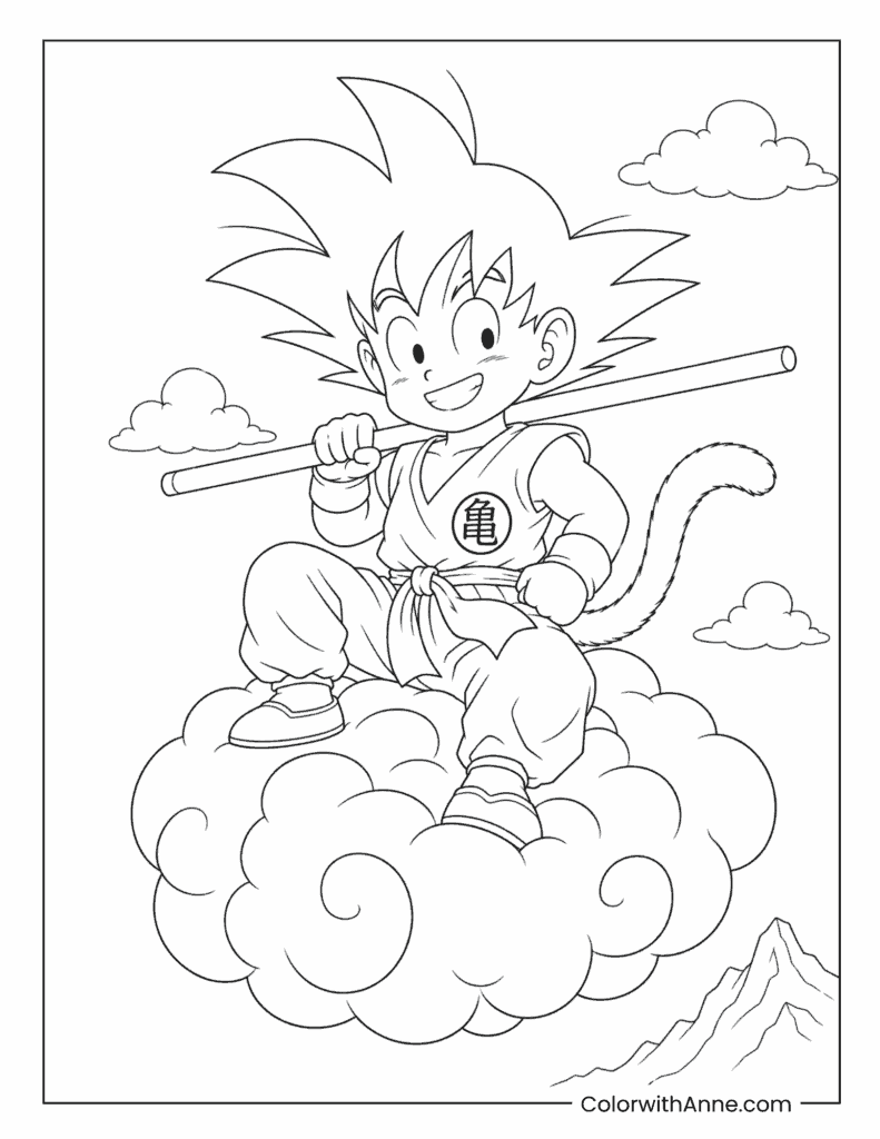 Kid Goku Riding the Flying Nimbus Coloring Page