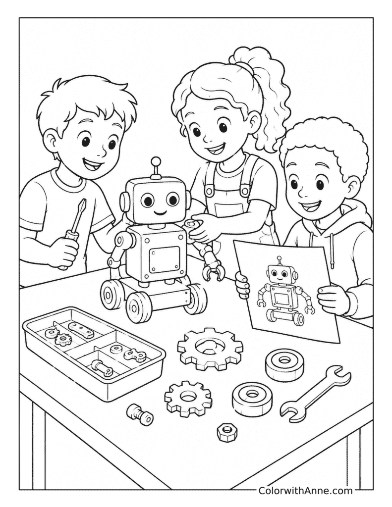 Kids Building a Classroom Robot Coloring Page