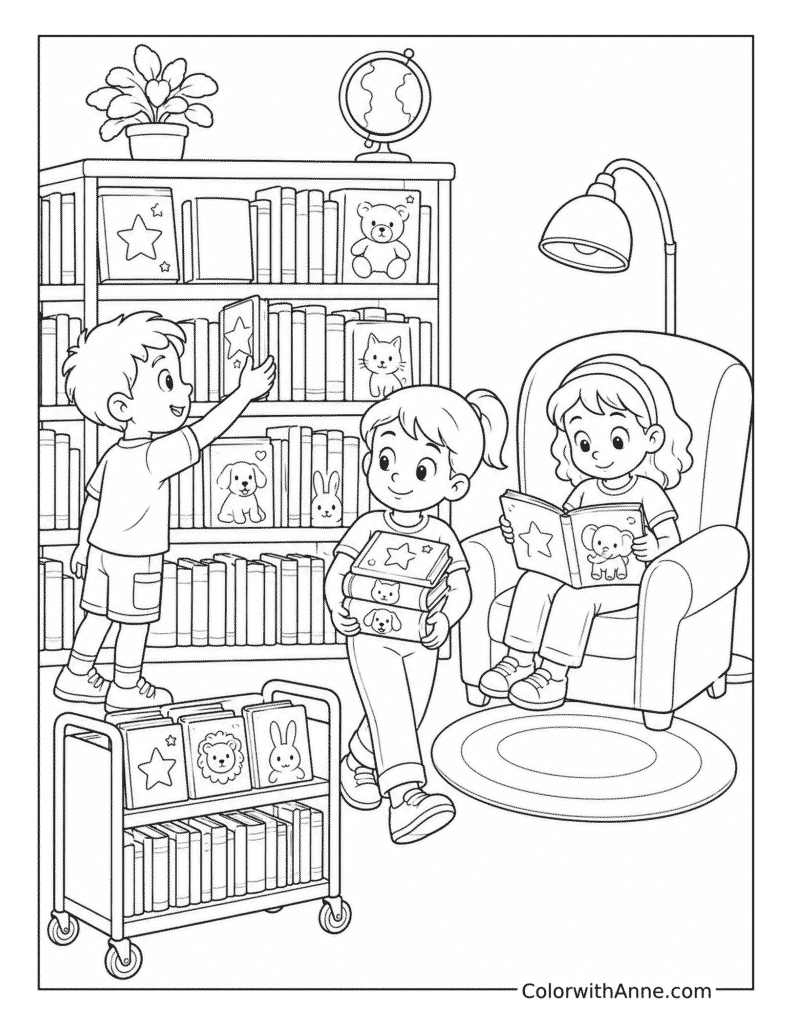 Kids Choosing Books at the Library Coloring Page