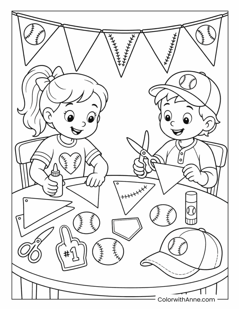 Kids Making Baseball Crafts Coloring Page