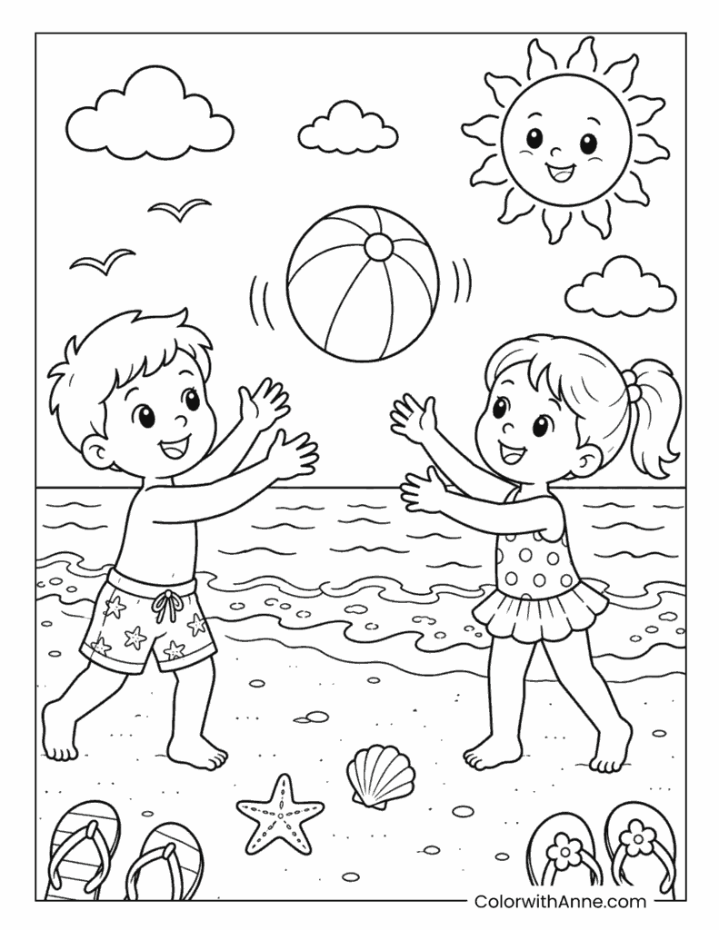 Kids Playing with a Beach Ball Coloring Page