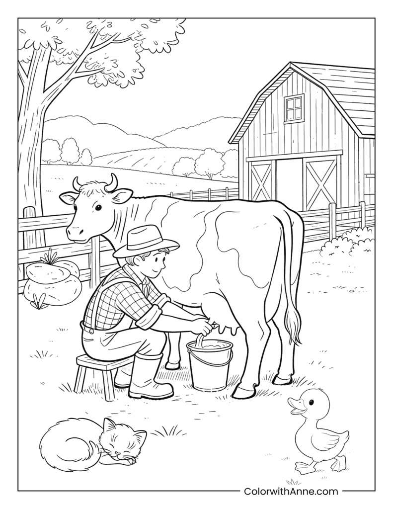 Kind Farmer Milking a Cow on the Farm Coloring Page