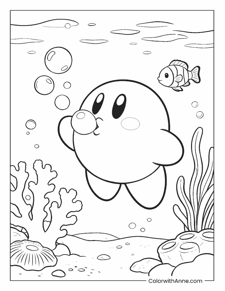 Kirby Blowing Bubbles Underwater Coloring Page