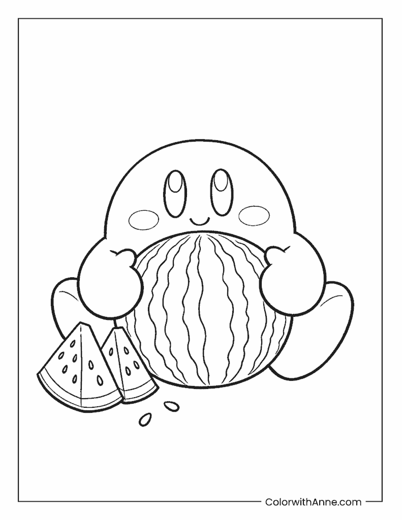 Kirby Eating Watermelon Coloring Page