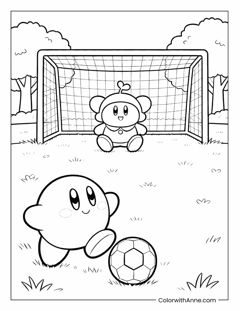 Kirby Playing Soccer with Friends Coloring Page