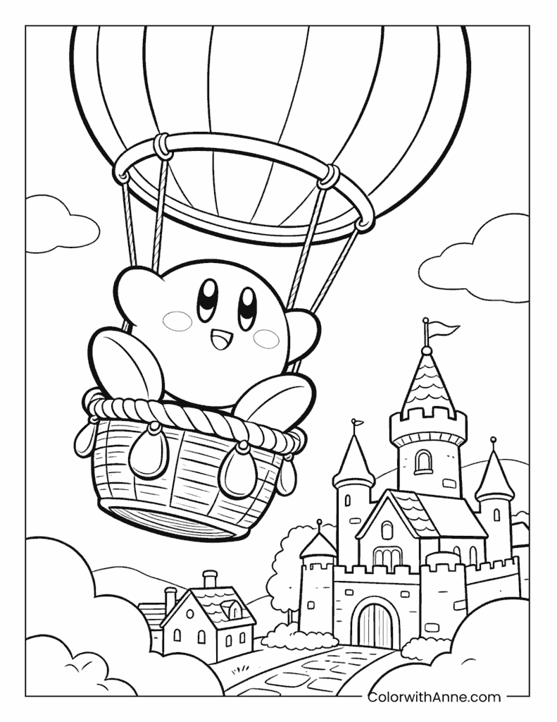 Kirby in a Hot Air Balloon Coloring Page