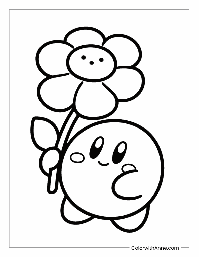 Kirby's Cheerful Flower Gift Coloring Page