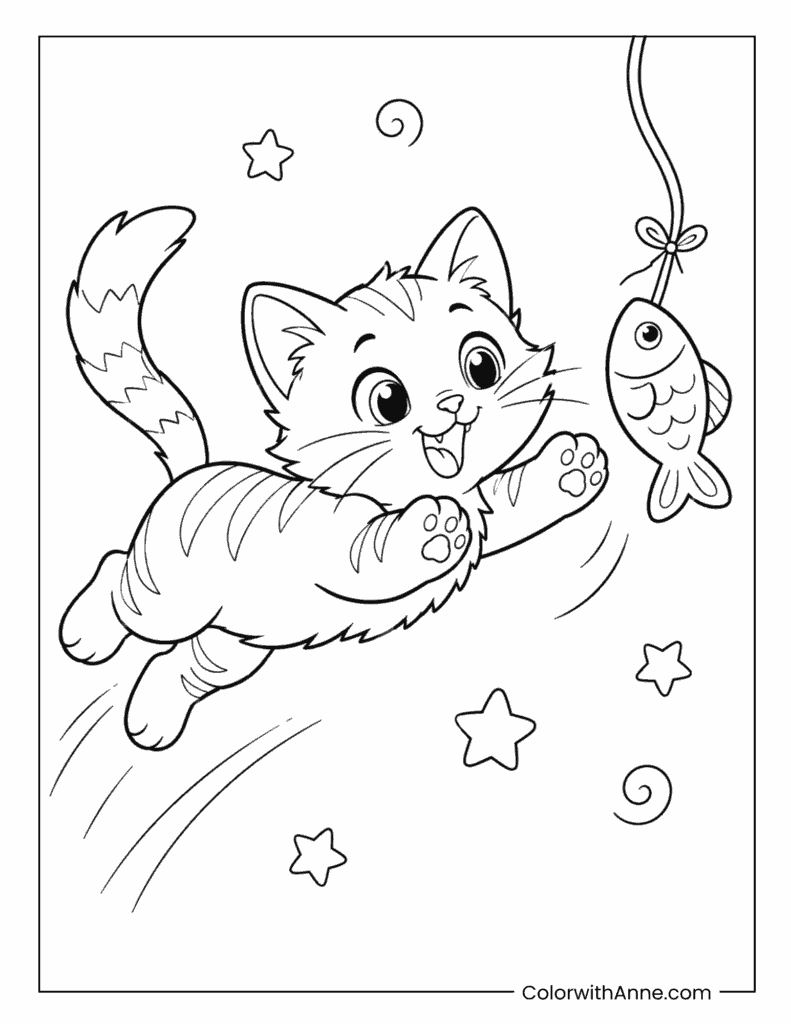 Kitten Chasing Toy Fish Coloring Page