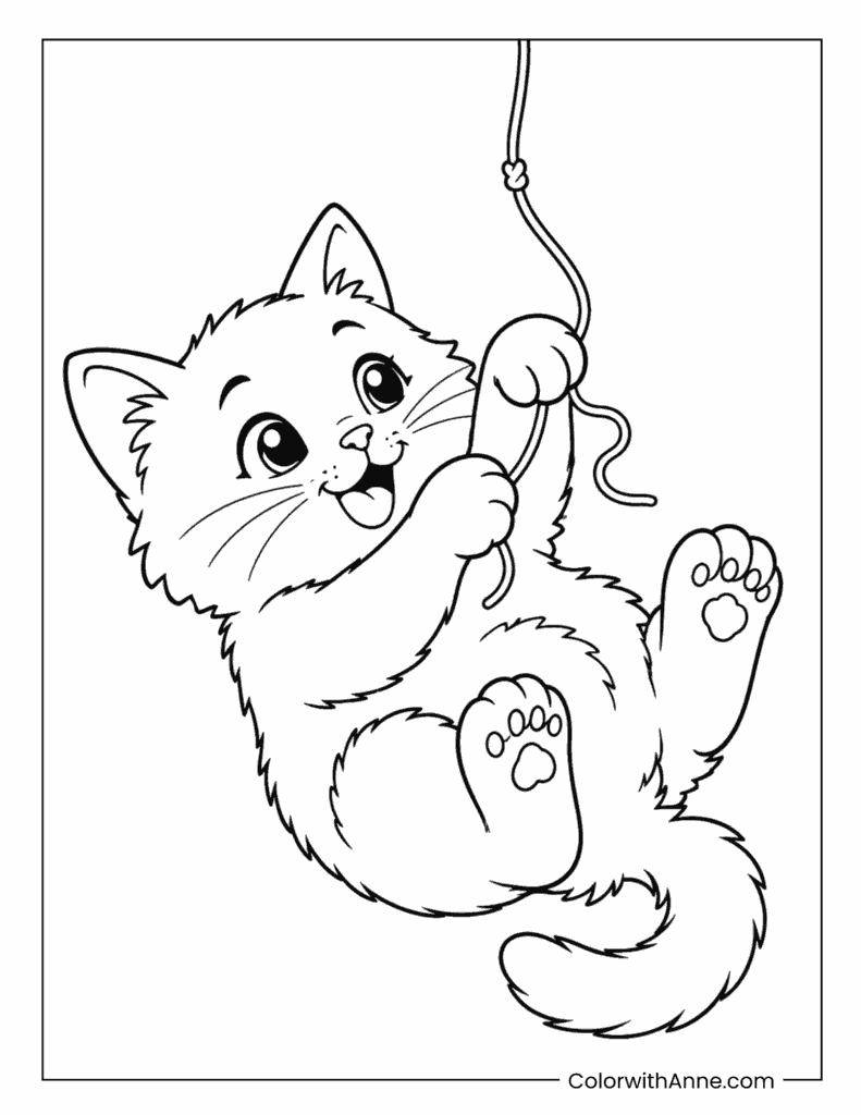 Kitten Climbing Hanging String Coloring Page