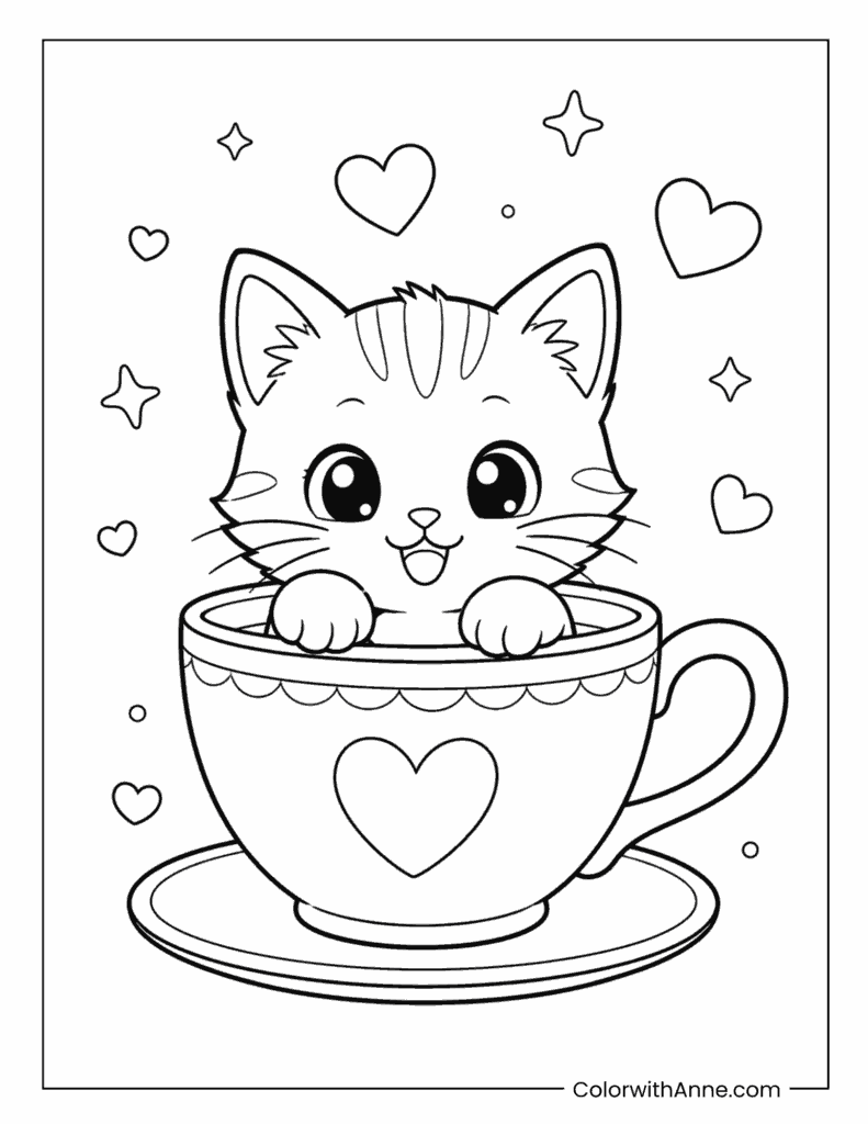 Kitten Inside Heart Teacup Coloring Page