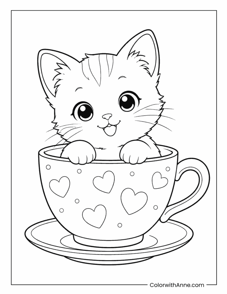 Kitten Inside Teacup Coloring Page