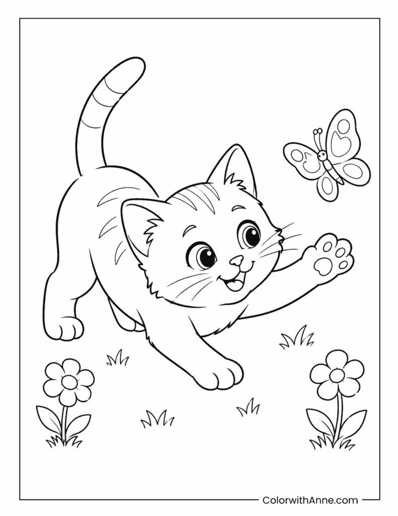 Kitten Playing With Butterfly Coloring Page