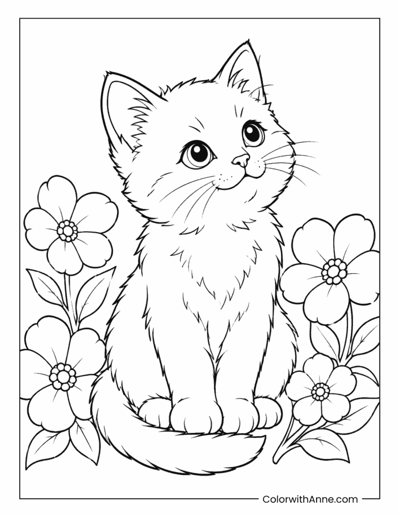 Kitten Sitting Among Flowers Coloring Page