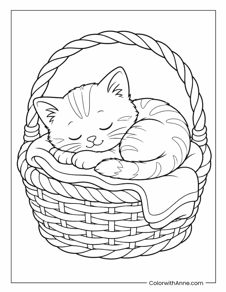 Kitten Sleeping In Basket Coloring Page
