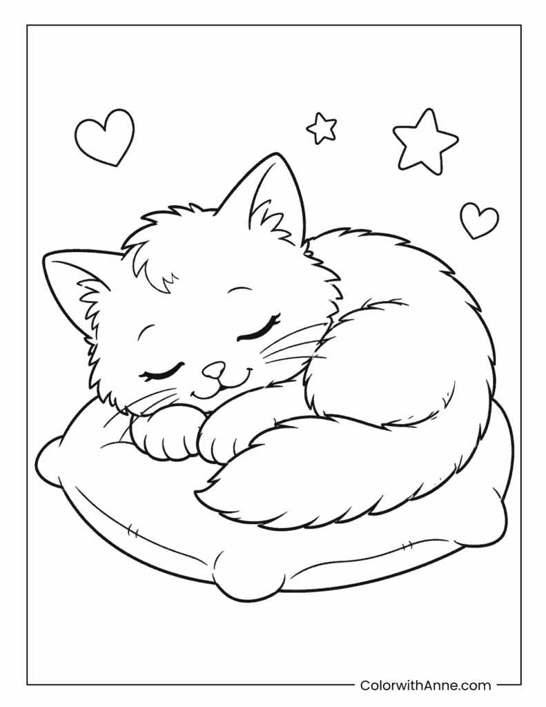 Kitten Sleeping On Pillow Coloring Page