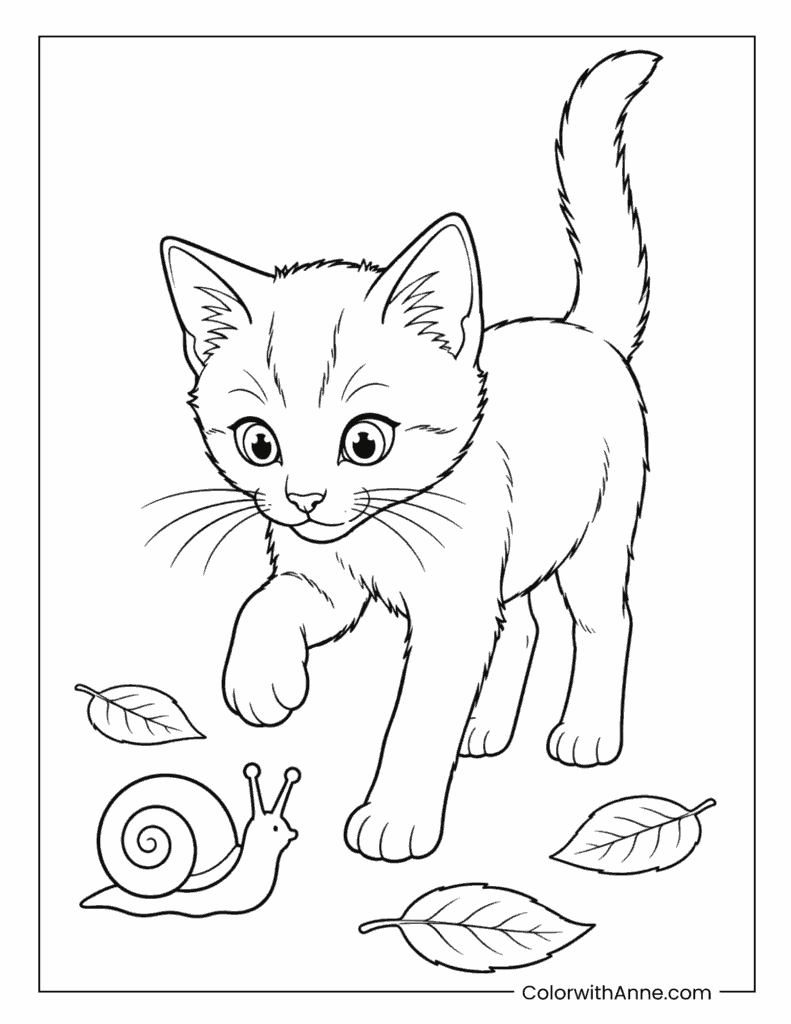 Kitten Sniffing Garden Snail Coloring Page