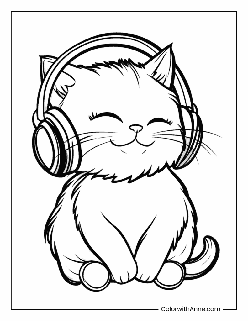 Kitten Wearing Headphones Coloring Page