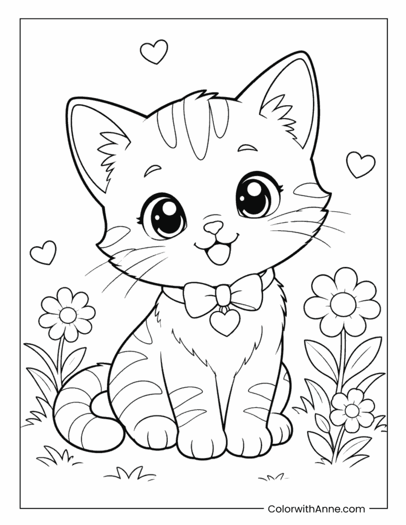 Kitten With Bow And Flowers Coloring Page