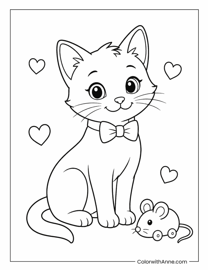 Kitten With Mouse And Bow Coloring Page