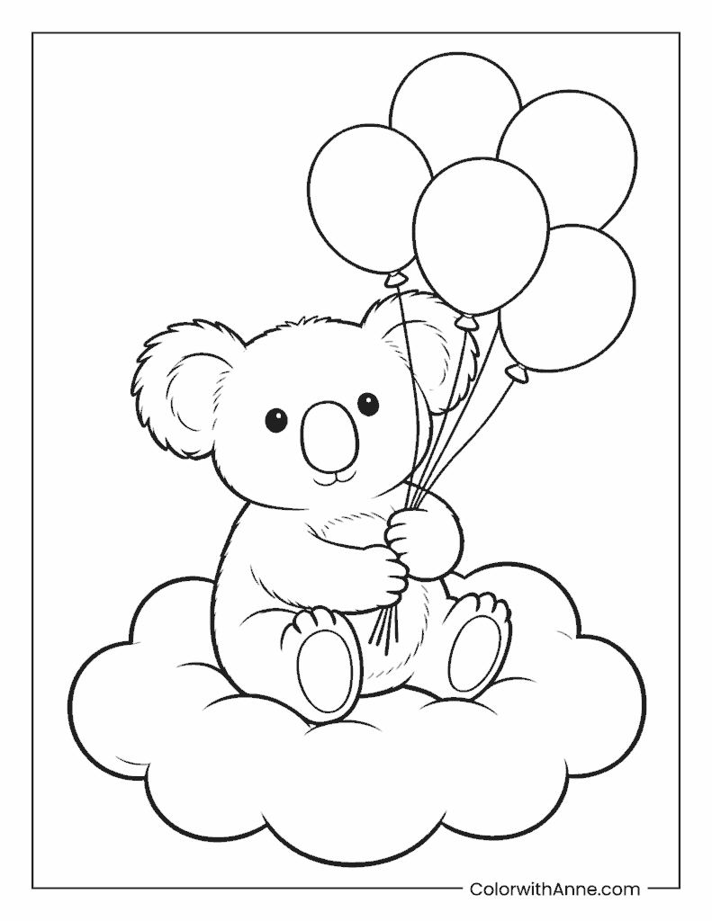 Koala Holding Balloons on a Cloud Coloring Page