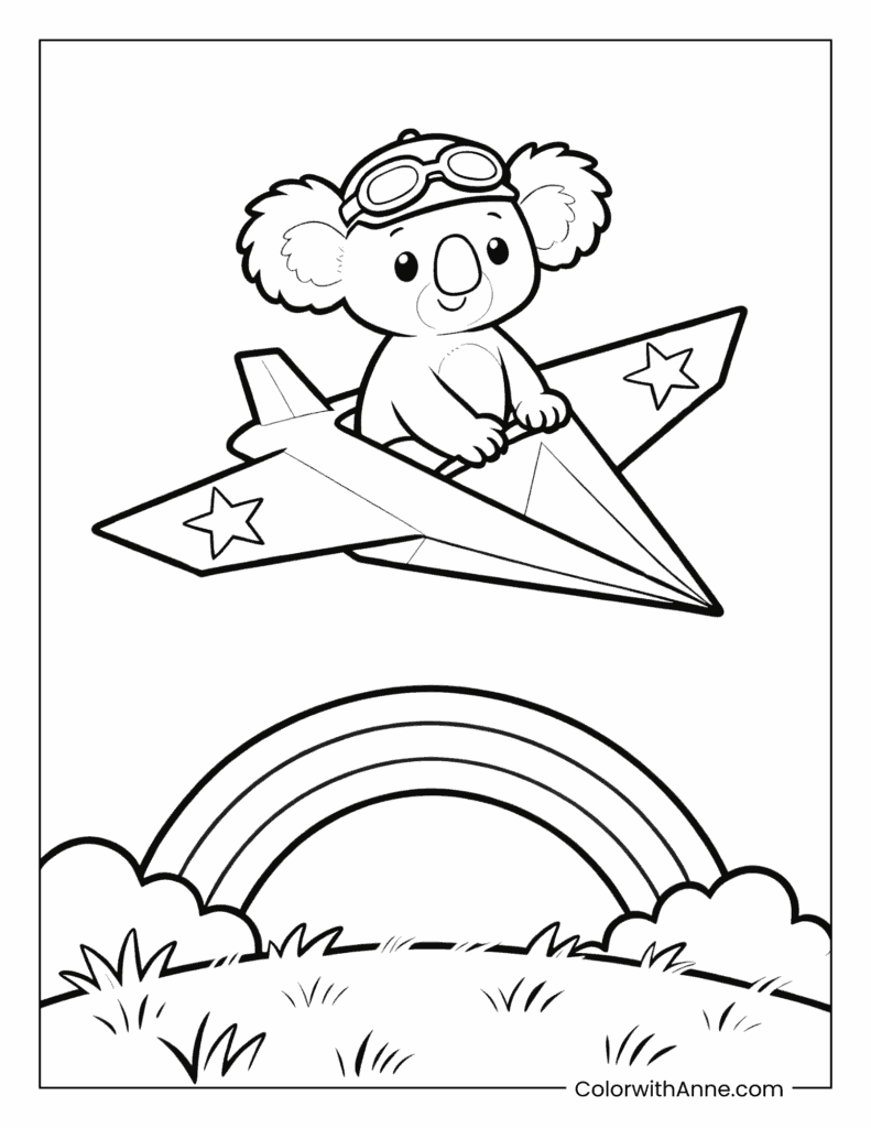 Koala Pilot Riding a Paper Airplane Coloring Page