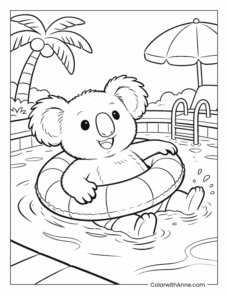 Koala Swimming with a Pool Float Coloring Page