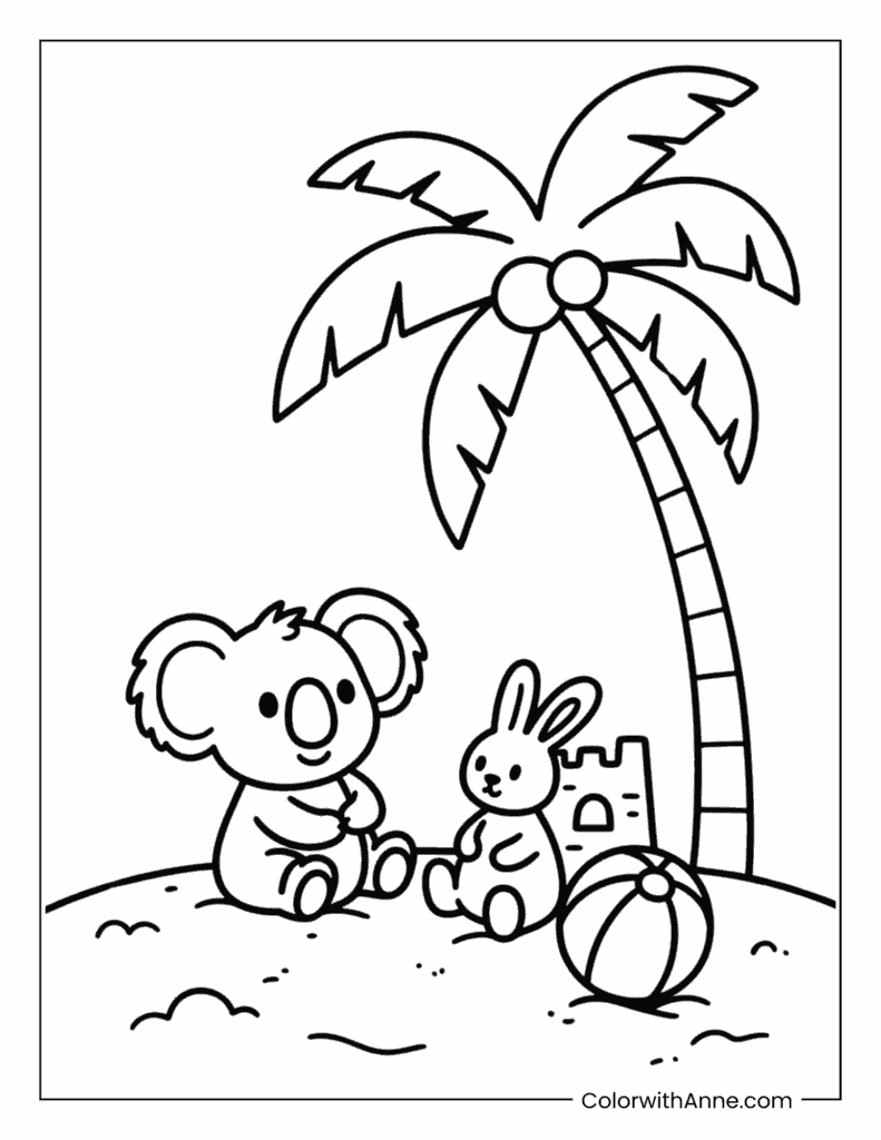 Koala and Bunny Chilling by the Beach Coloring Page