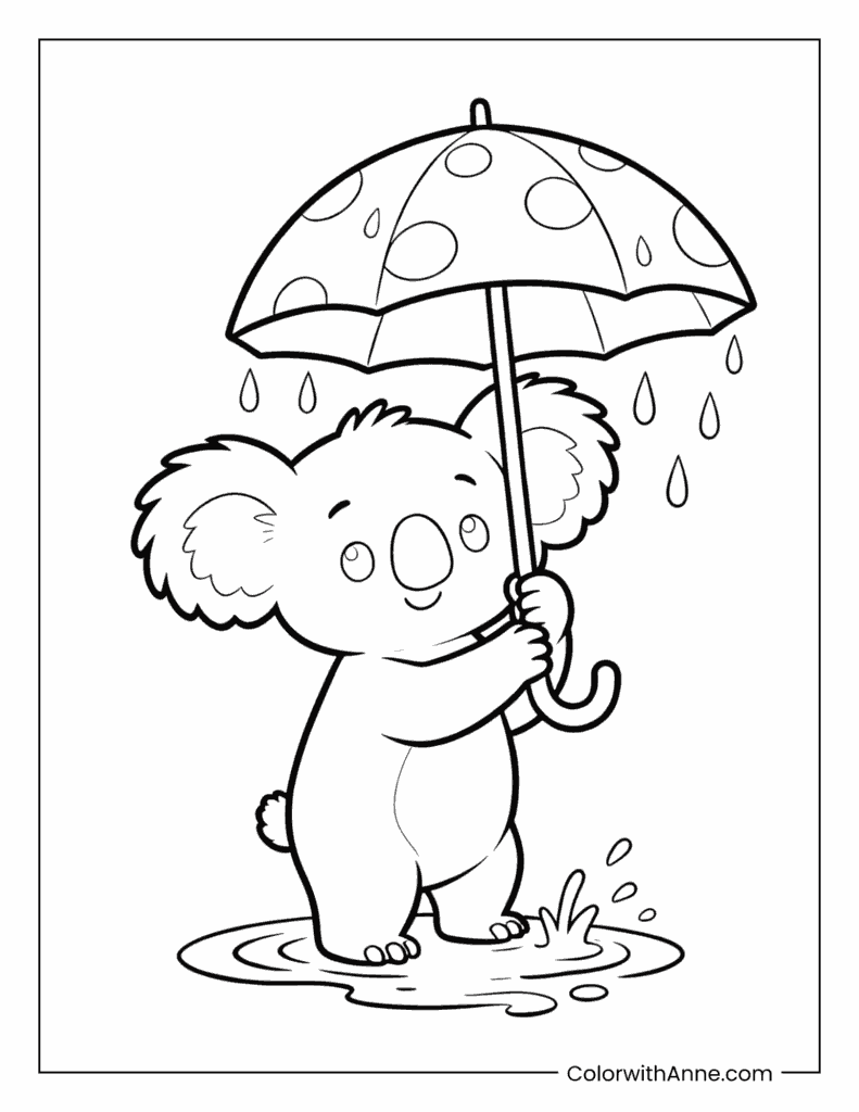 Koala in the Rain Coloring Page