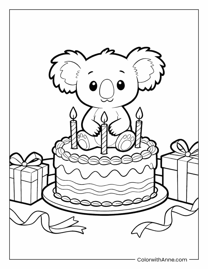 Koala on a Birthday Cake Coloring Page