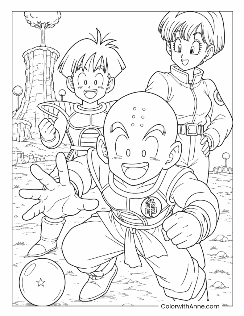 Krillin, Gohan, and Bulma on Planet Namek Coloring Page