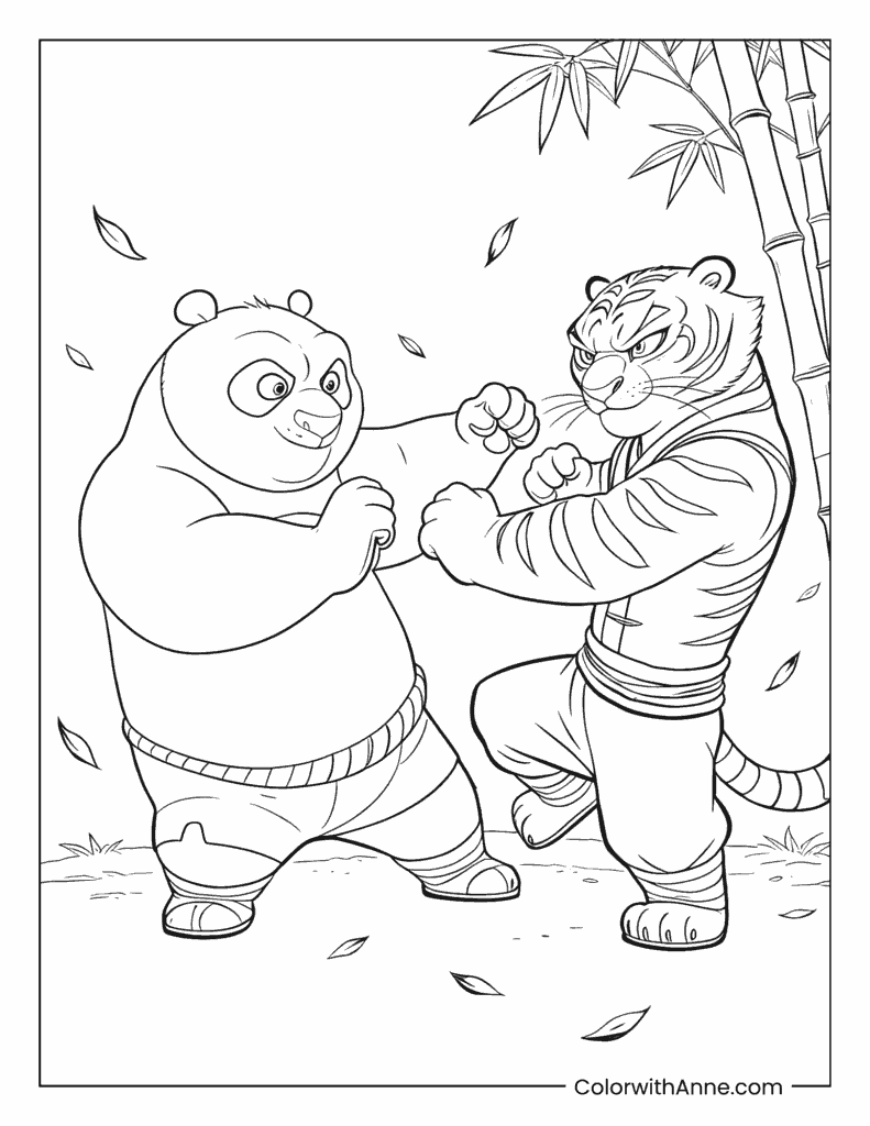 Kung Fu Panda Po vs Tigress in Battle Stance Coloring Page
