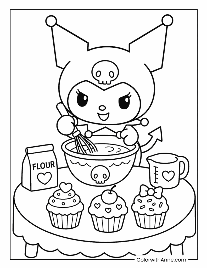 Kuromi Baking Delicious Cupcakes Coloring Page