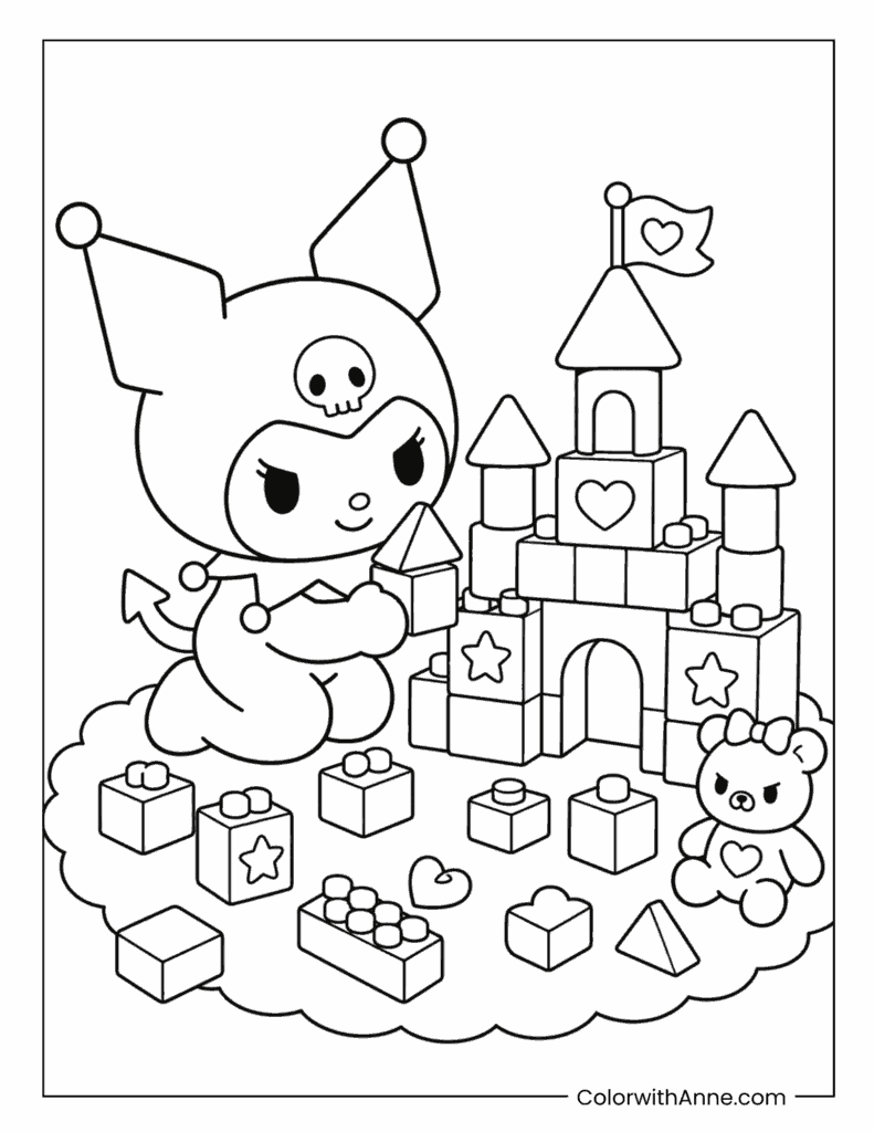 Kuromi Building a Castle with Blocks Coloring Page