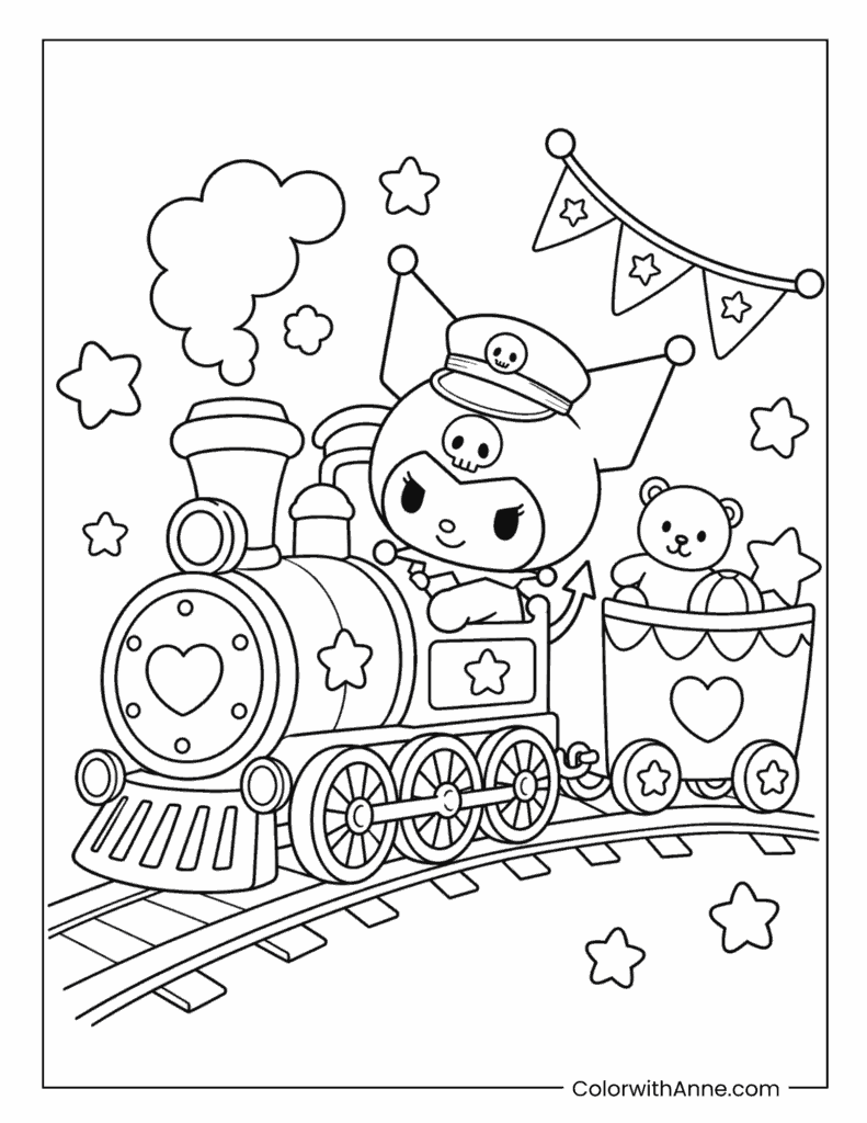 Kuromi Driving a Toy Train Coloring Page