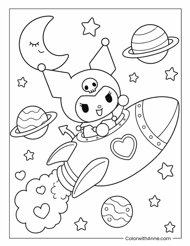 Kuromi Flying a Rocket Through Space Coloring Page