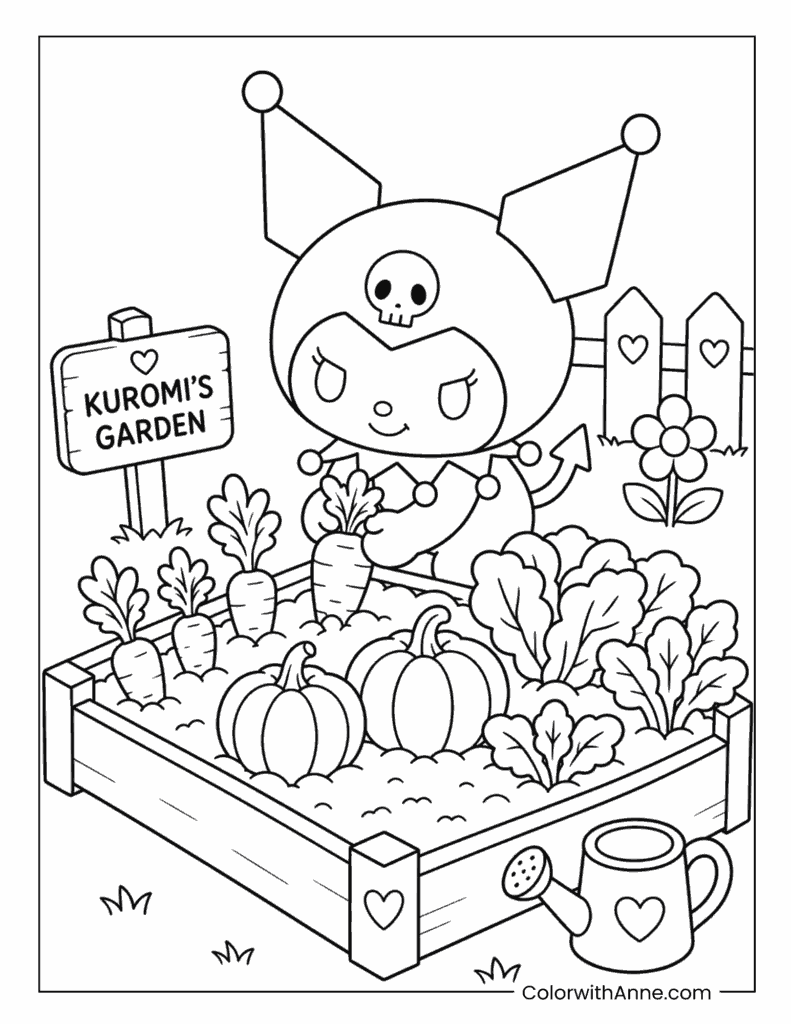 Kuromi Harvesting Vegetables in the Garden Coloring Page
