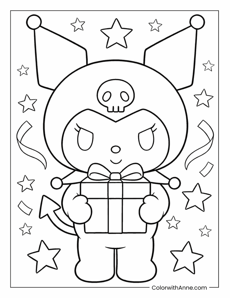 Kuromi Holding a Gift Box with Ribbon Coloring Page