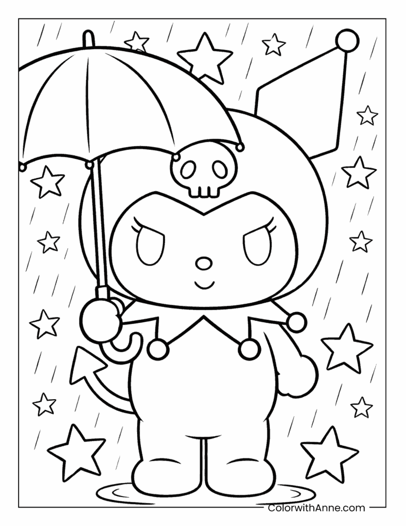 Kuromi Holding an Umbrella on a Rainy Day Coloring Page