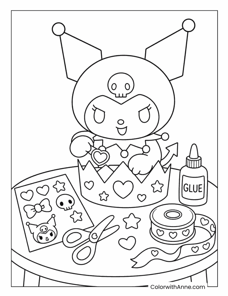 Kuromi Making a Paper Crown Coloring Page