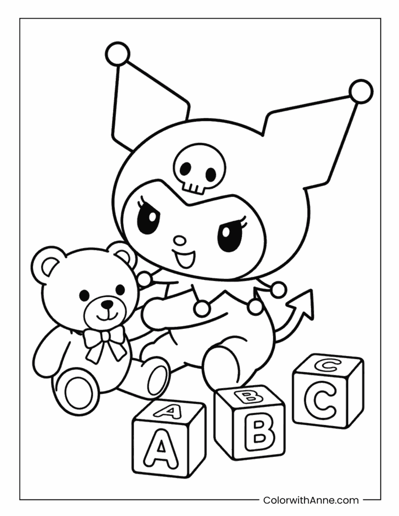 Kuromi Playing with a Teddy Bear and ABC Blocks Coloring Page