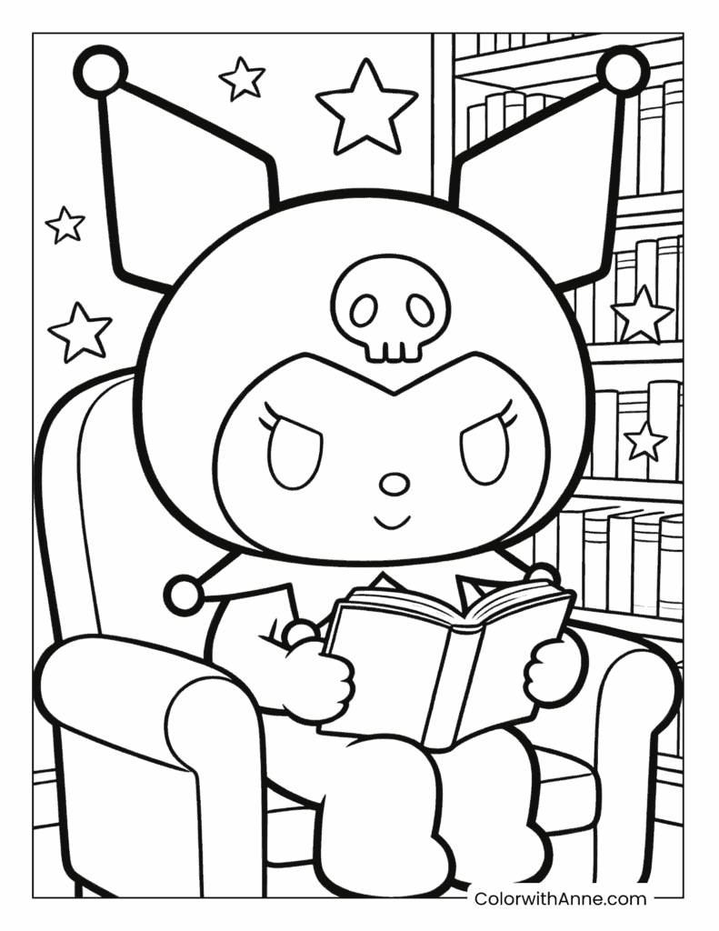 Kuromi Reading a Book in an Armchair Coloring Page