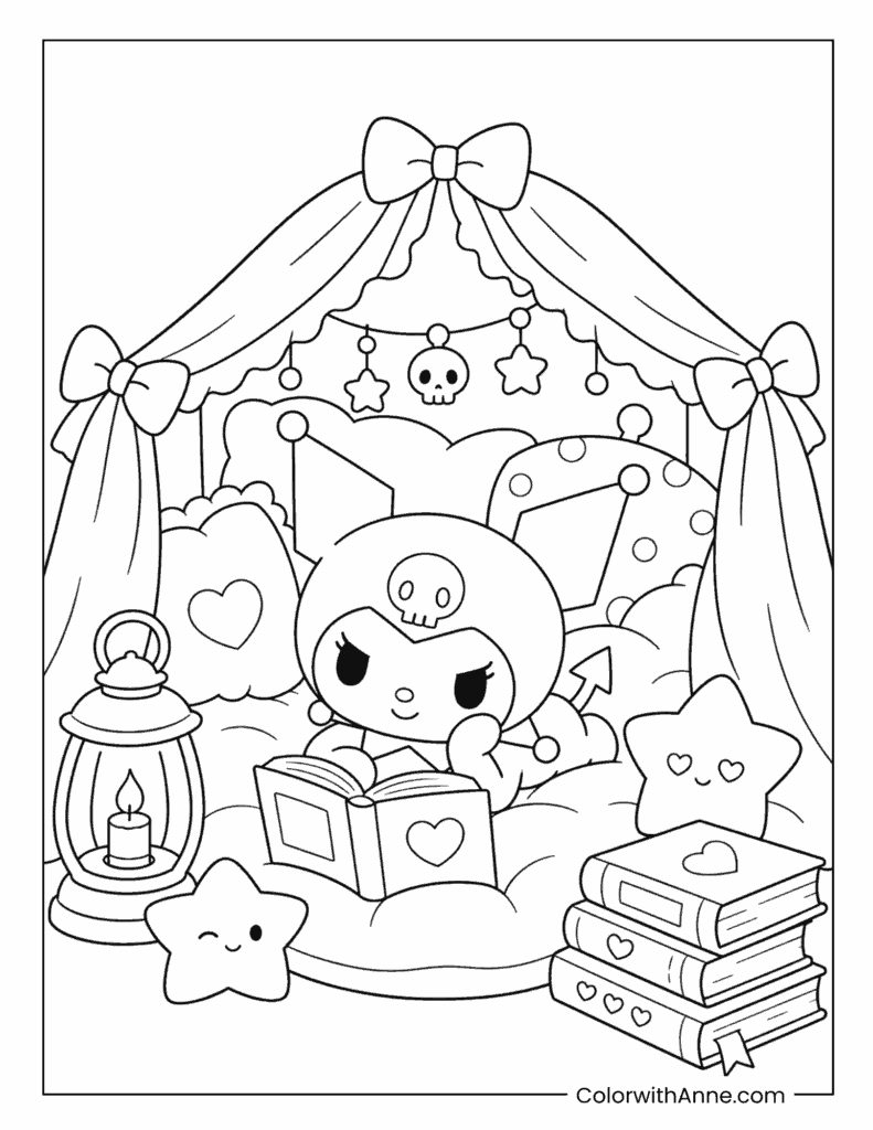 Kuromi Reading in a Cozy Bedtime Nook Coloring Page