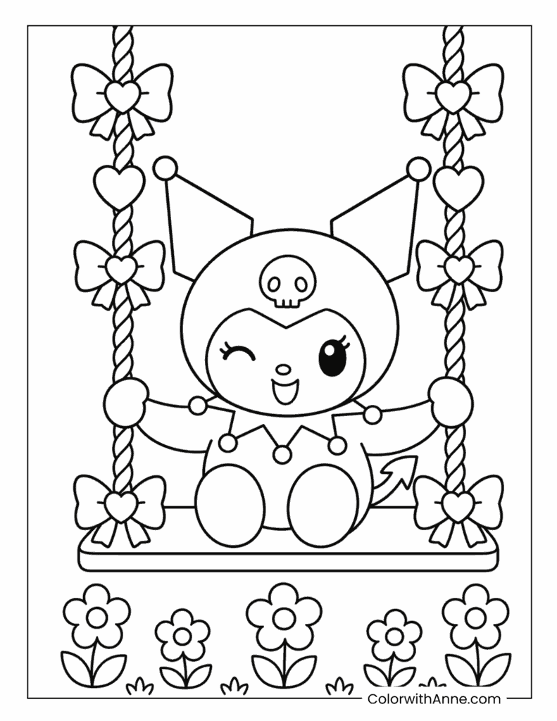 Kuromi Relaxing on a Flower-Covered Swing Coloring Page